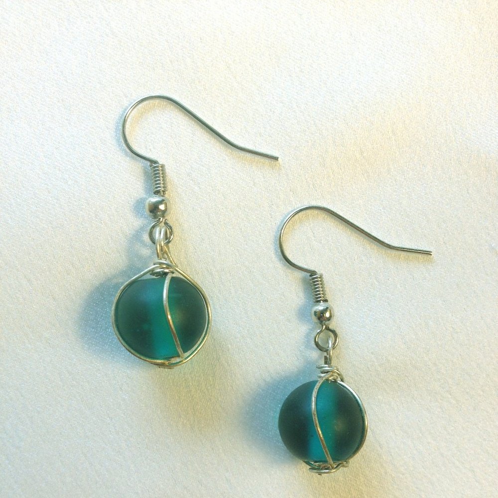 Teal Green Sea Glass Orb Earrings